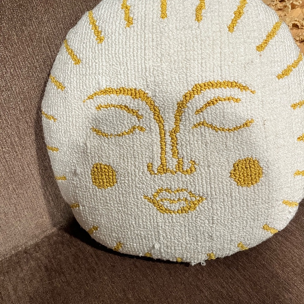 Sun Face Embroidered Cushion - White and Gold